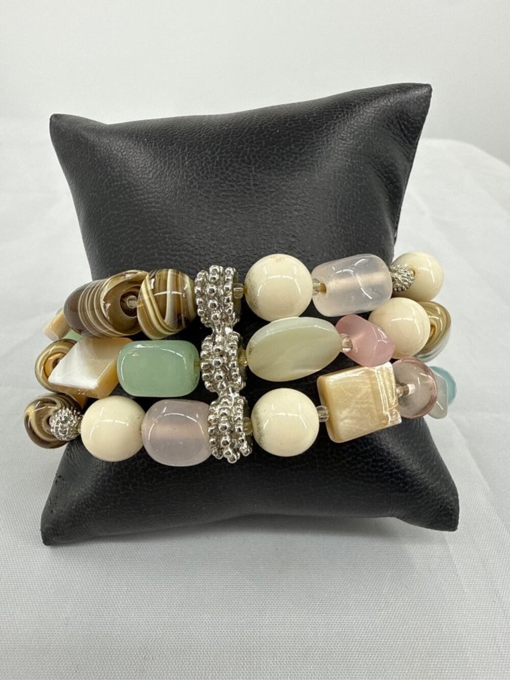 Chunky Multi Row Beaded Earth Tone Stone & Glass Stretch Statement Bracelet